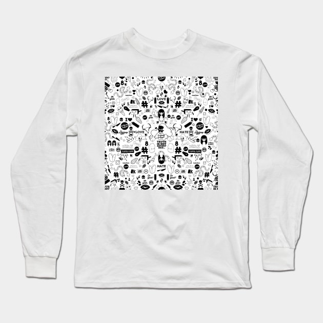 So Young So Good Black and White Skull Pop Culture Doodle Long Sleeve T-Shirt by So Young So Good